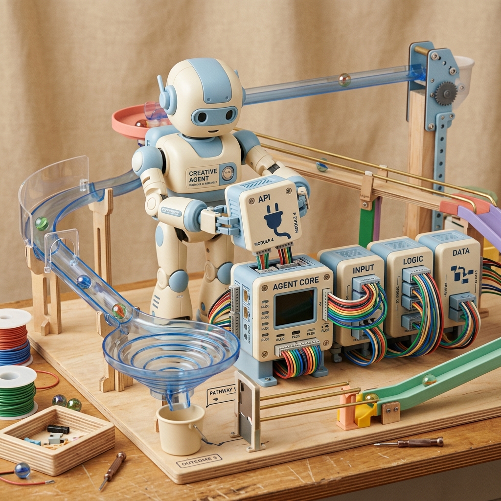 3D robot builder assembling modular API tool blocks into agent core with logic and data tracks