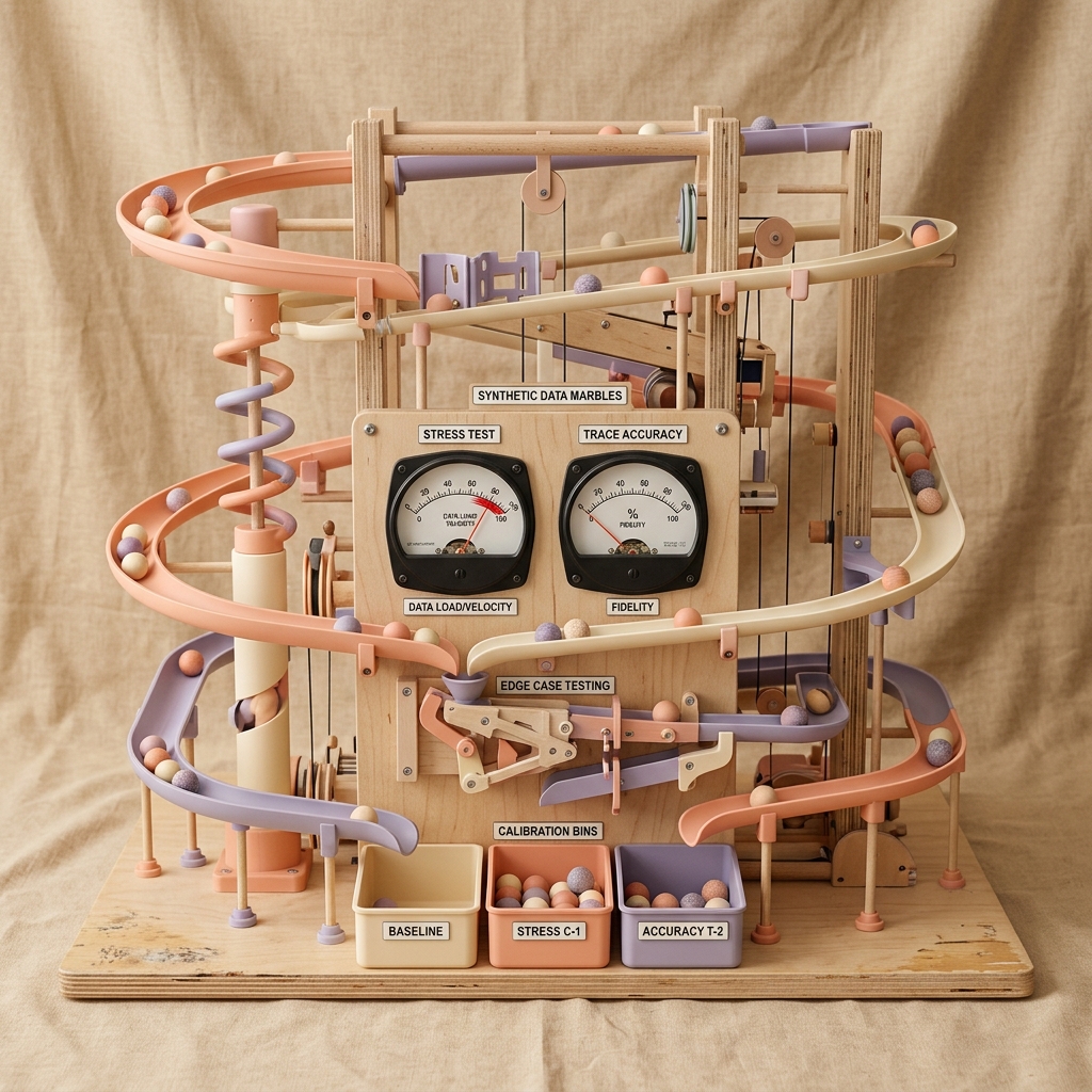 3D simulation testing machine with synthetic data marble run, stress test and trace accuracy dial gauges, and calibration bins