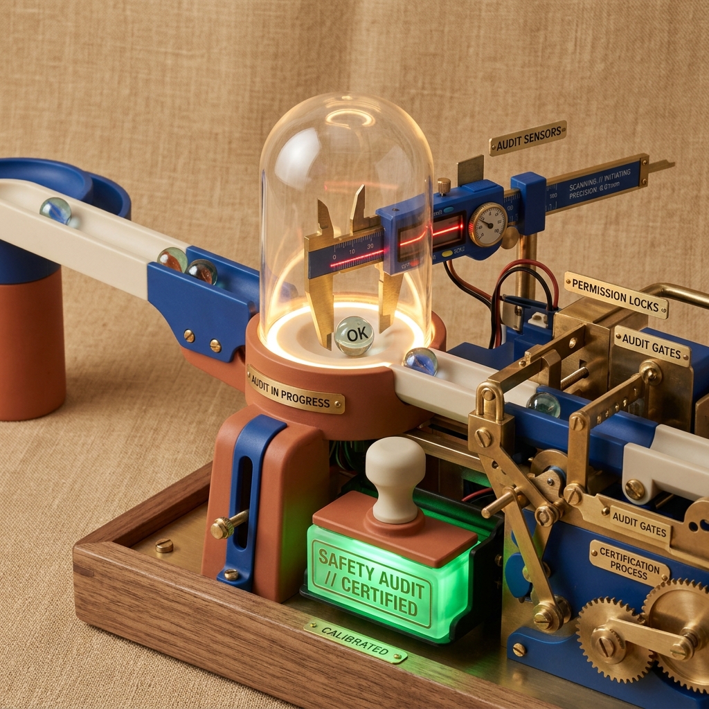3D safety audit station with illuminated glass dome, laser micrometer caliper, permission locks, and safety audit certification stamp