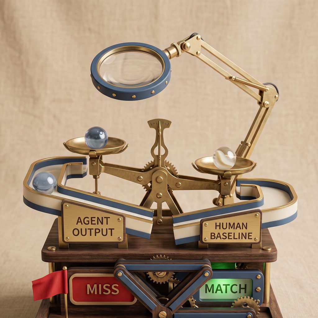 A toy balance scale weighing a marble labelled agent output against one labelled human baseline
