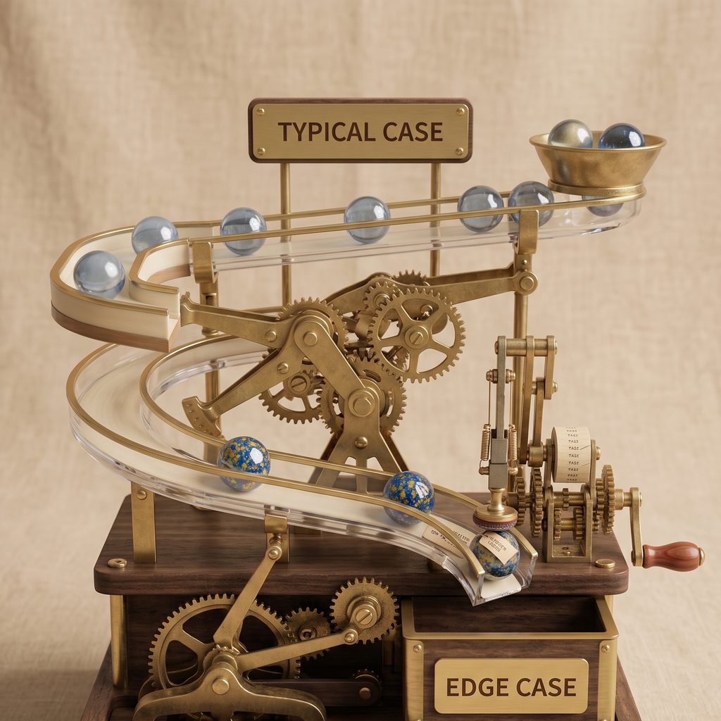 A marble-run sorter diverting an odd speckled marble into an edge case bin