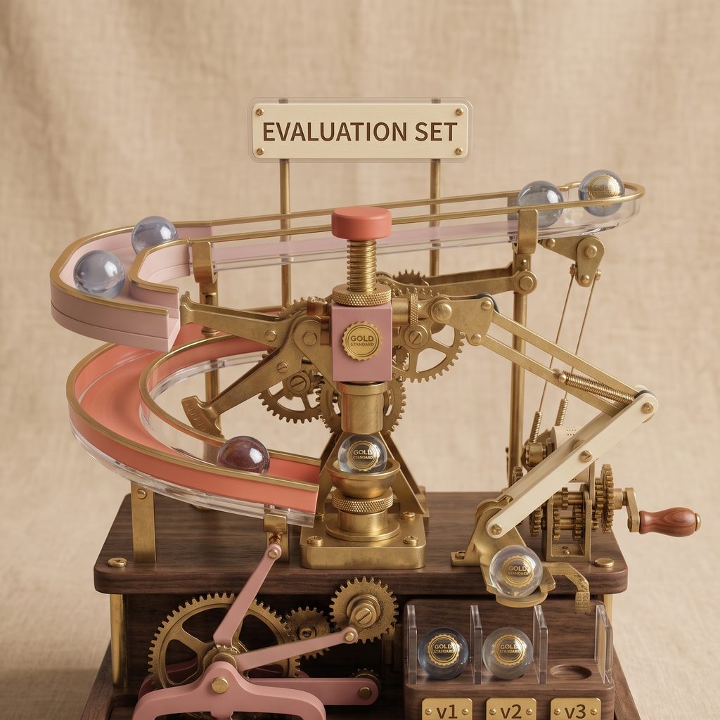 A brass stamping press marking a marble gold standard and racking it into a numbered evaluation set