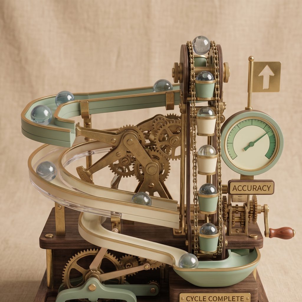 A marble elevator feeding a track back to the top beside a rising accuracy gauge