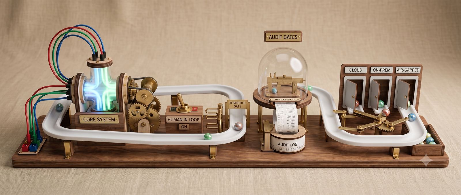A four-station diorama machine: a glowing core system, a human-in-the-loop turnstile gate, an audit log under a glass dome, and cloud, on-prem and air-gapped deployment doors