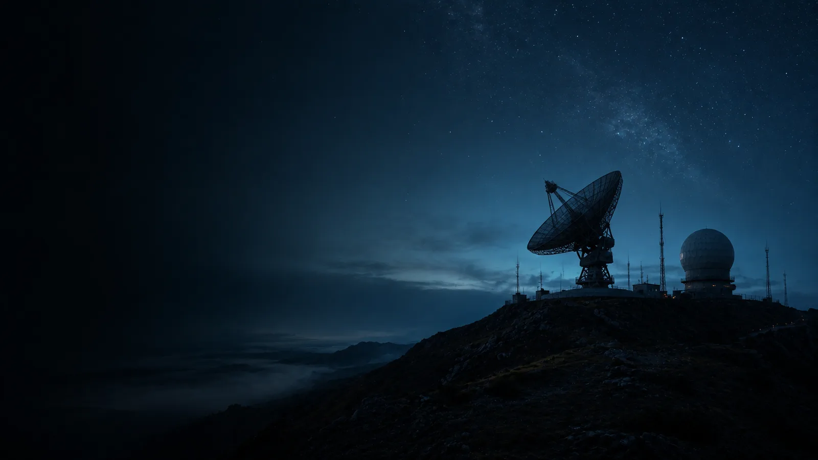 Satellite dish and radome on a ridge under a night sky